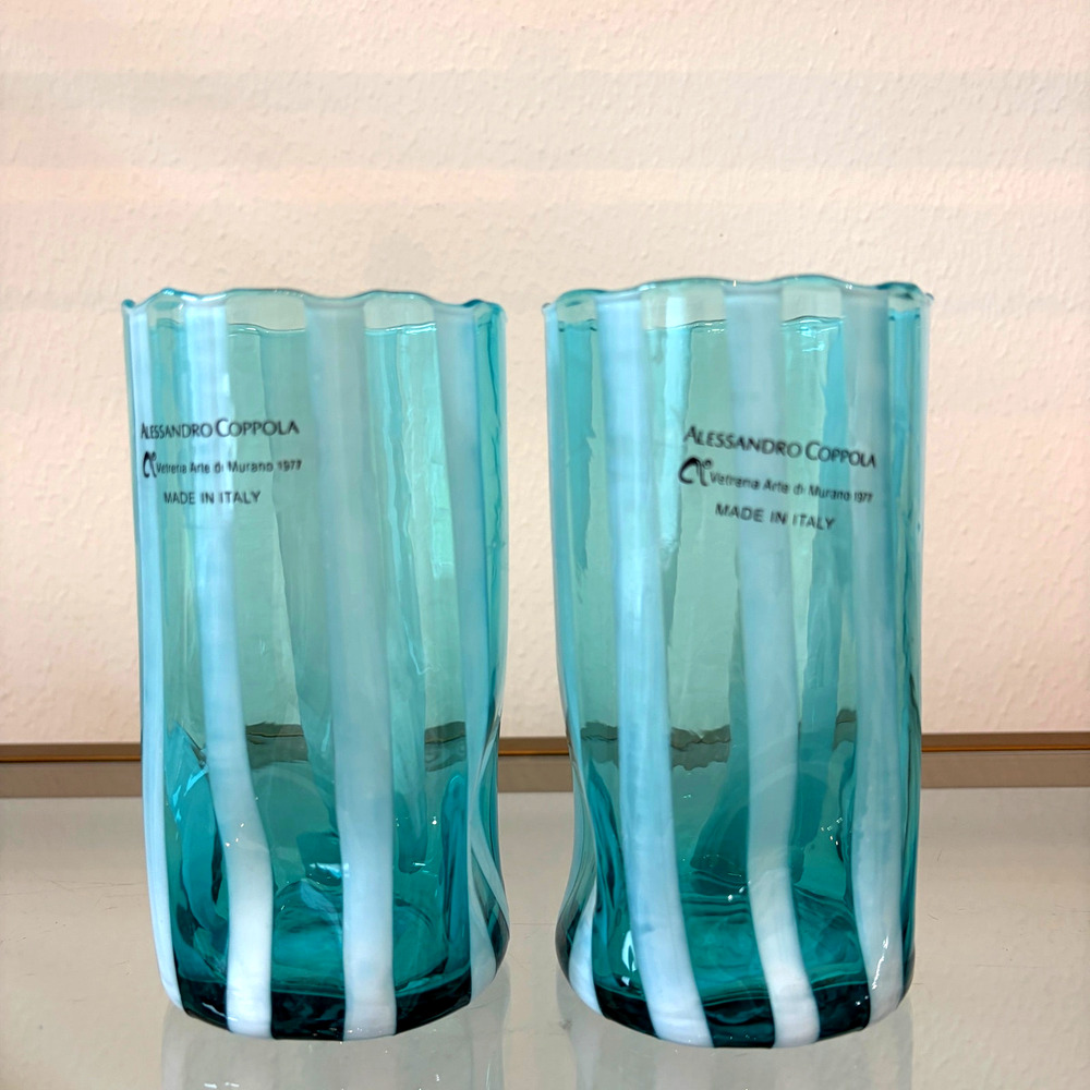 Alessandro Coppola Murano Italy Aqua Blue Art Glass Tumblers Set of 2 NEW